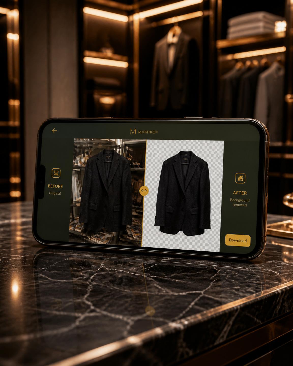 AI background removal before/after on a charcoal blazer