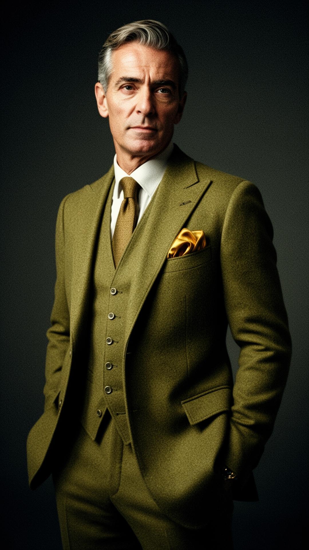 A man in a tailored olive three-piece suit